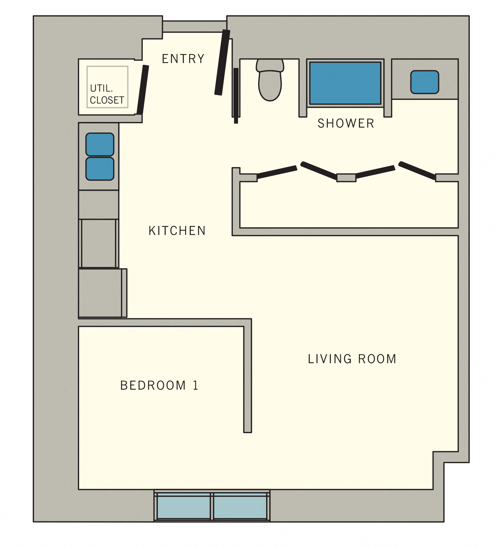 Floor plan for studio, 1 bath, 494 sqft